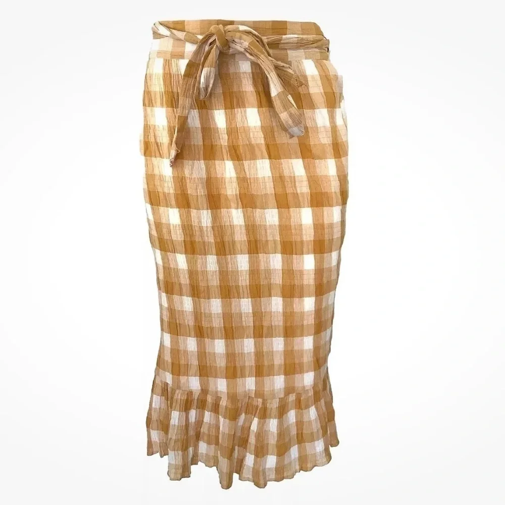 Anthropologie Sz S Orange Plaid Wrap Midi Skirt Ruffle Trim Casual Style